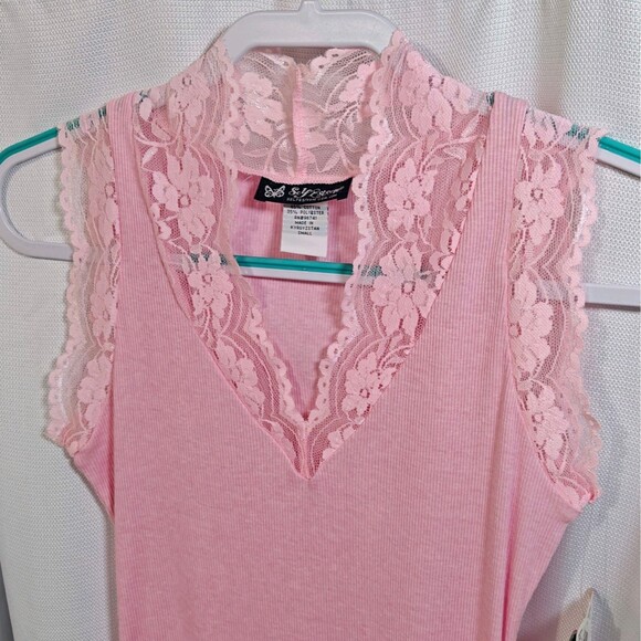 New Vtg Lace Tank Top Self Esteem S Small Long Layering Baby Pink Ribbed Y2K NWT - Picture 2 of 7